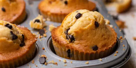 Magdalenas de chocolate recién horneadas en un molde metálico, con trocitos de chocolate visibles y migas esparcidas.