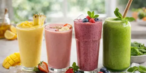 Cuatro batidos de frutas coloridos: amarillo, rosa, morado y verde, decorados con frutas frescas y menta.