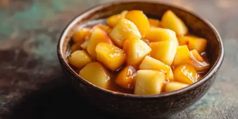 Tazón de macedonia de frutas con trozos de manzana y melocotón glaseados, listos para disfrutar.