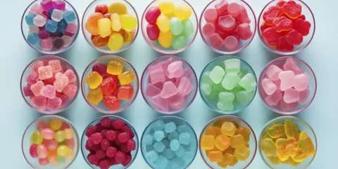 Variedad de tipos de gominolas en cuencos: cubos, frutas, ositos y más, en colores vibrantes.