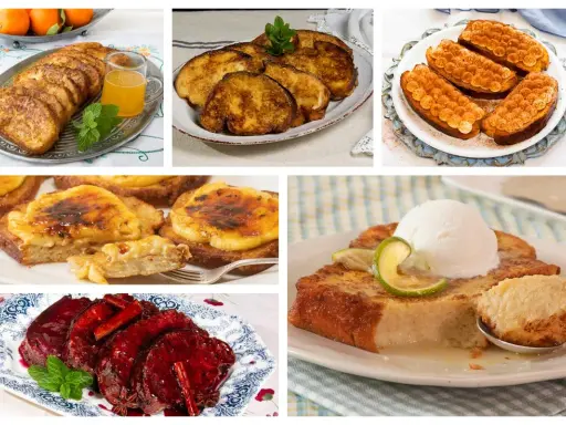 Variedad de torrijas: doradas, con crema quemada, con helado y frutas, y un plato de carne en salsa. Ingredientes torrijas variados.