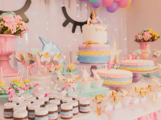 Mesa de dulces temática de unicornios con pasteles, galletas, cupcakes y más postres para una fiesta mágica.