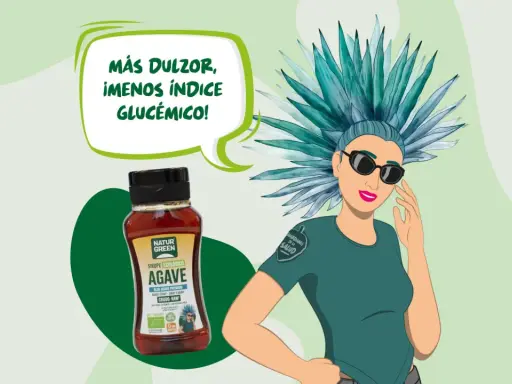 Botella de sirope de agave Natur Green junto a una mujer con peinado de agave. "Más dulzor, ¡menos índice glucémico!