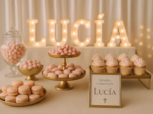 Detalles de gominolas para comunión de Lucía: macarons, almendras y cupcakes rosas. Letras luminosas con su nombre.