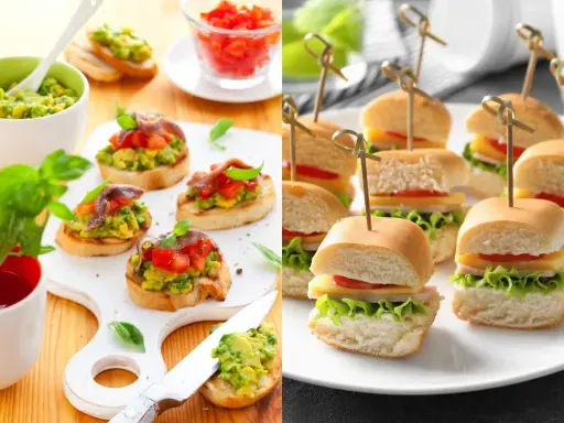 Delicioso y barato picoteo para cumpleaños: bruschettas de aguacate y anchoas, y mini hamburguesas.