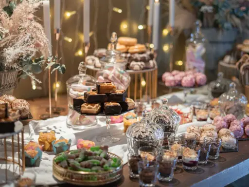 Mesa dulce con variedad de postres, incluyendo un candy bar rústico con chocolates y galletas.