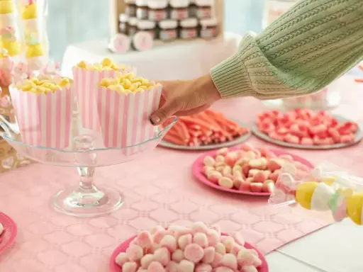 Mesa llena de dulces rosas y amarillos, palomitas en recipientes a rayas, y brochetas de malvaviscos. ¡Perfecto para aprender como hacer bolas de chuches!