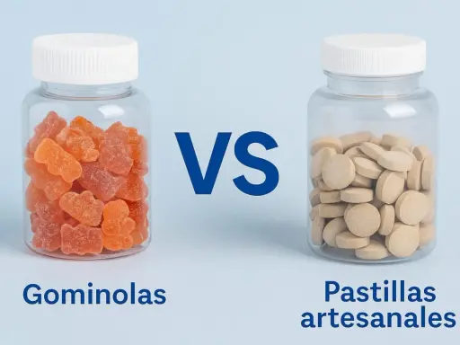 Dos frascos: uno con gominolas naranjas, el otro con pastillas artesanales. ¿Cuáles son las mejores gominolas?