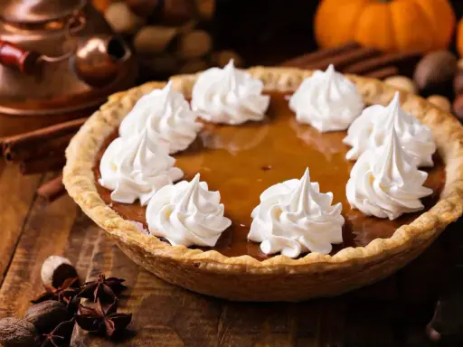 Pastel de calabaza decorado con crema batida, listo para los postres de Acción de Gracias. Especias y calabazas al fondo.