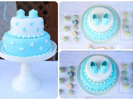 Deliciosas tartas de gominolas para bautizos, decoradas con estrellas y zapatitos de bebé en tonos azules y blancos.