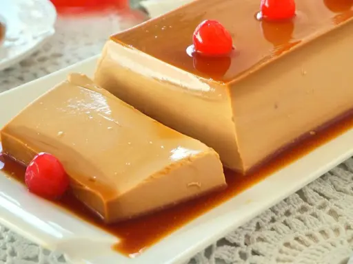 Delicioso flan de café sin horno, con caramelo líquido y cerezas rojas, listo para disfrutar.