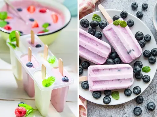 Deliciosos heladitos caseros de frutos rojos y arándanos, listos para congelar o ya disfrutados.