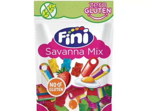Bolsa de dulces Fini Savanna Mix, con ositos, fresas y huevos fritos. ¡Disfruta de estos deliciosos dulces celiacos sin gluten!