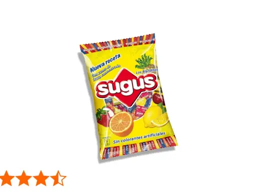 Bolsa de Sugus con frutas (fresa, naranja, limón, cereza, piña). ¡Disfruta de estos dulces que son veganos y sin colorantes artificiales!