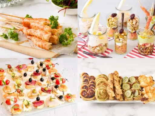 Deliciosas pica pica ideas: camarones, canapés variados, ensaladas en vaso y hojaldres salados. ¡Perfecto para cualquier evento!