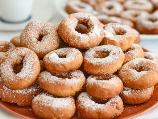 Montón de rosquillas caseras esponjosas espolvoreadas con azúcar glas.
