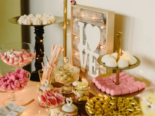 Un candy bar lleno de dulces rosas y blancos, con un letrero de "LOVE" y luces cálidas.