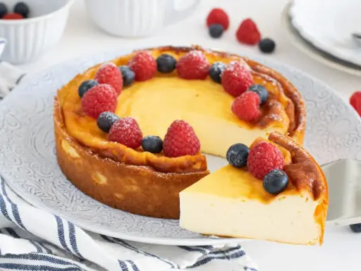 Tarta cremosa decorada con frambuesas y arándanos, como un petit yogur de lujo.