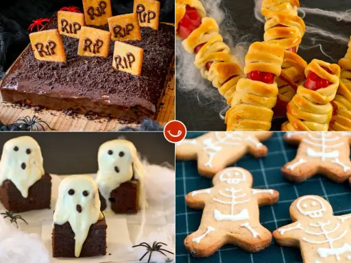 Ideas para decorar chuches de Halloween: tarta de tumba, salchichas momia, brownies fantasma y galletas esqueleto. ¡Perfecto para una fiesta espeluznante!