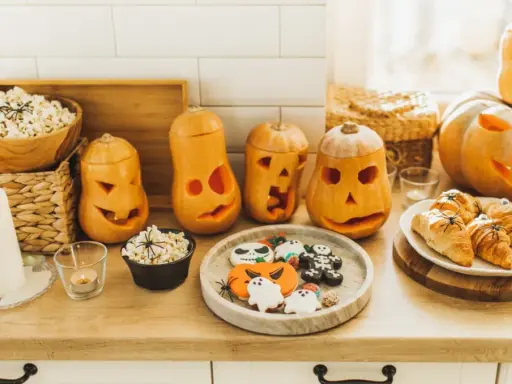 Calabazas talladas, palomitas y galletas decoradas, ¡una mesa llena de dulces típicos de Halloween!