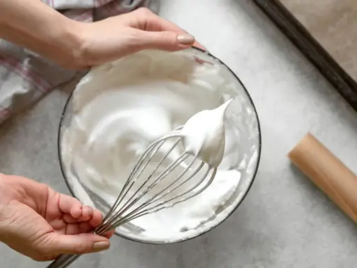 Manos batiendo claras a punto de nieve para un merengue suizo perfecto.