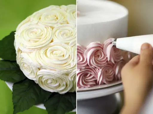 Delicado bizcocho con decoración de rosas de crema blanca y rosa. Un detalle de la elaboración de la decoración de bizcocho.
