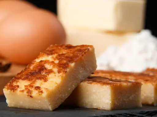 Porciones doradas de quesada, con huevos y harina al fondo. Ingredientes para una deliciosa receta quesada.