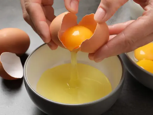 Manos separando la yema de la clara de un huevo. Ideas para saber qué hacer con claras de huevo y yemas.