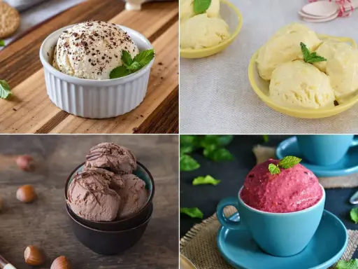 Cuatro deliciosos helados: vainilla con cacao, limón, chocolate y frutos rojos. ¡Ideas para como hacer helado casero!