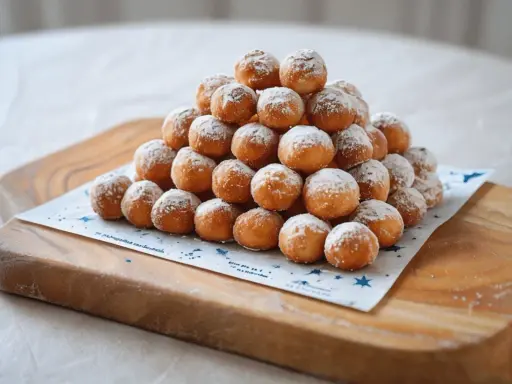 Montón de buñuelos caseros sencillos espolvoreados con azúcar glas sobre una tabla de madera.