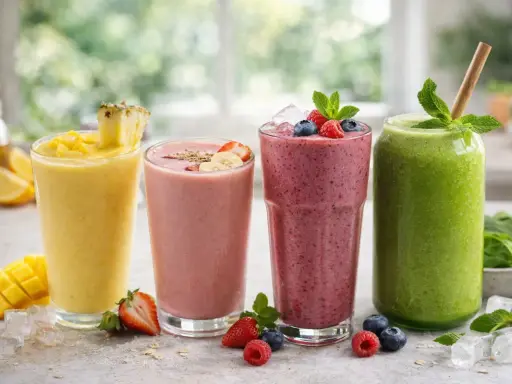 Cuatro batidos de frutas coloridos: amarillo, rosa, morado y verde, decorados con frutas frescas y menta.