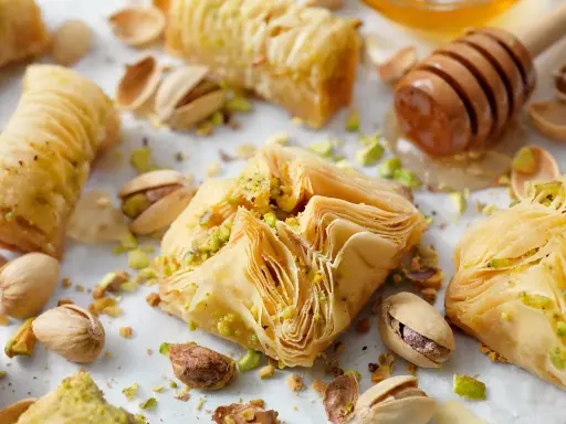 Deliciosos postres de baklava con pistachos y miel, perfectos para tus recetas con masa filo.