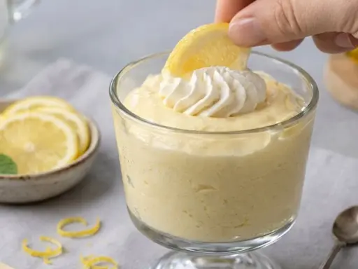 Delicioso mousse de limón receta original, decorado con crema batida y una rodaja de limón.