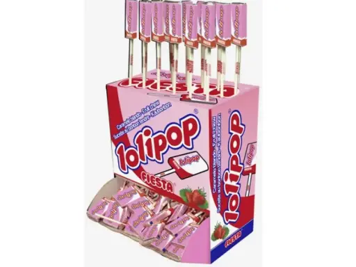 Caja de dulces Lolipop, un recuerdo de los dulces de los 80 que ya no existen. Caramelo blando con sabor a fresa.
