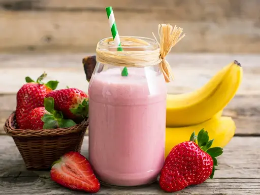 Delicioso batido de fresa y plátano, con fresas frescas y plátanos amarillos de fondo.
