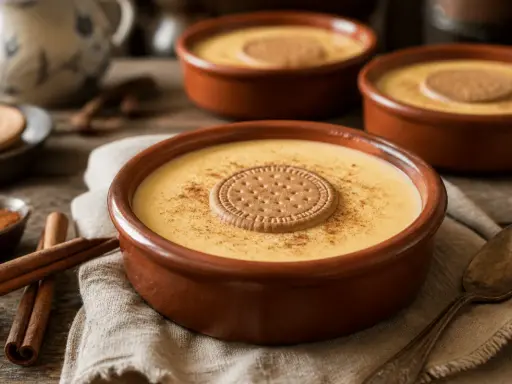 Deliciosas natillas caseras en cuencos de barro, espolvoreadas con canela y coronadas con galleta. Un placer para la vista y el paladar.