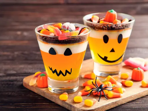 Deliciosa gelatina Halloween para niños, con capas de naranja y blanco, decorada como calabaza y cubierta de dulces.