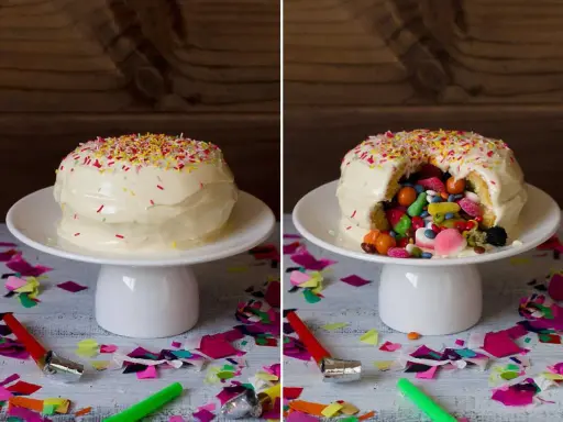 Tarta de gominolas sorpresa. Un pastel blanco cubierto de chispas de colores, que al cortarlo revela un interior lleno de dulces.
