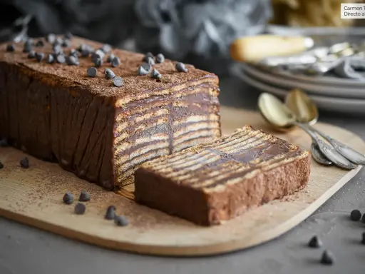Tarta de chocolatinas casera, con capas de galleta y chocolate, lista para servir. ¡Perfecta para aprender como hacer tarta de chocolatinas!