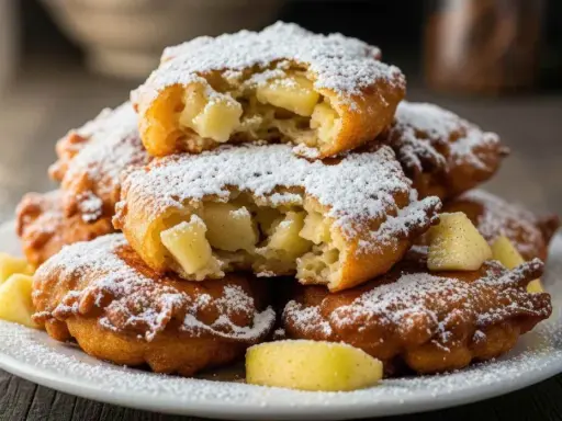 Montón de buñuelos de manzana cubiertos de azúcar glas, con trozos de manzana visibles en el interior.