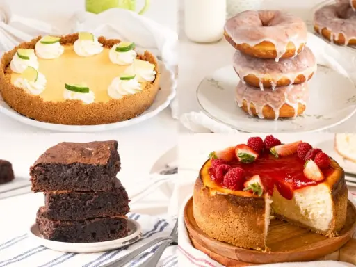 Pastel de lima, donas glaseadas, brownies y tarta de queso con frutos rojos. ¡Una selección de postres típicos americanos!