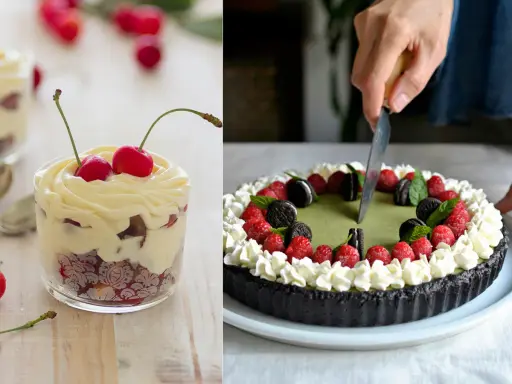 Deliciosos dulces de verano: un postre de cerezas y crema en vaso y un pastel de matcha decorado con frambuesas y galletas.
