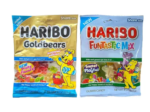 Dos bolsas de ositos de goma Haribo, Goldbears y Funtastic Mix. ¡Aunque los ositos Haribo tienen gluten, son deliciosos!