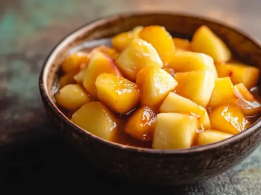 Tazón de macedonia de frutas con trozos de manzana y melocotón glaseados, listos para disfrutar.