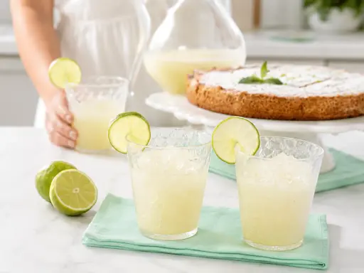 Refrescante granizado de limón Thermomix, perfecto para un día caluroso. Servido en vasos con rodajas de lima y acompañado de un delicioso pastel.