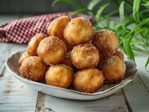 Montón de buñuelos de viento dorados y espolvoreados con azúcar, servidos en un plato blanco sobre una mesa de madera.