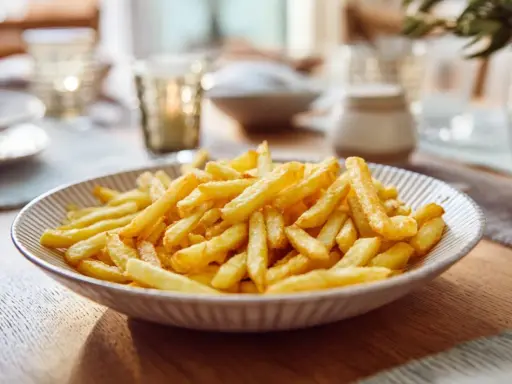 Un plato lleno de patatas fritas doradas y crujientes, listo para ser disfrutado en una mesa bien puesta.