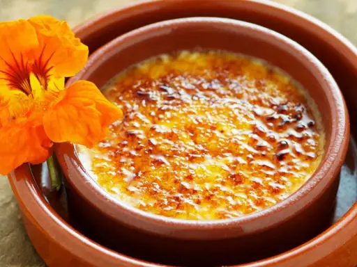 Crema catalana con una flor naranja. El postre tiene una capa de azúcar caramelizado crujiente.