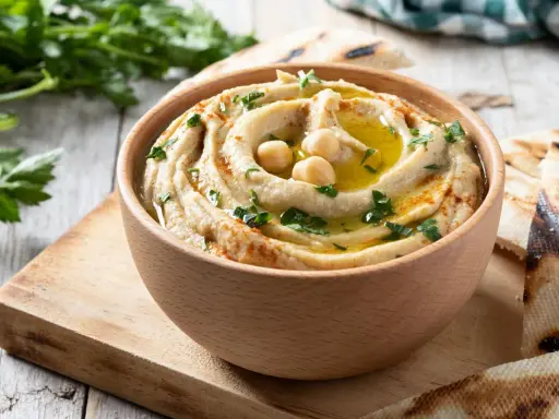 Hummus cremoso en cuenco de madera, decorado con garbanzos, aceite de oliva y perejil. Perfecto para aprender como hacer hummus casero.