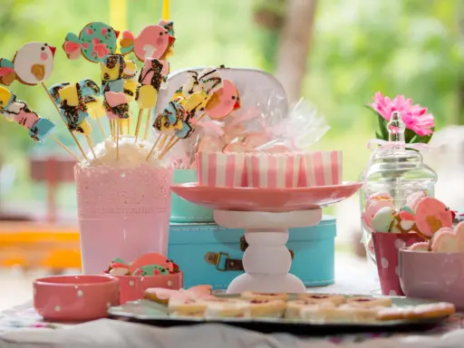 Una encantadora mesa de chuches casera con galletas de pájaros, malvaviscos y dulces en tonos pastel.